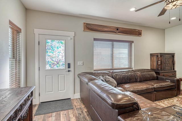 living room with ceiling fan, a wealth of natural light, and wood-type flooring