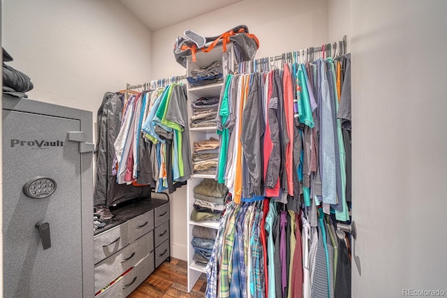 spacious closet featuring dark hardwood / wood-style flooring