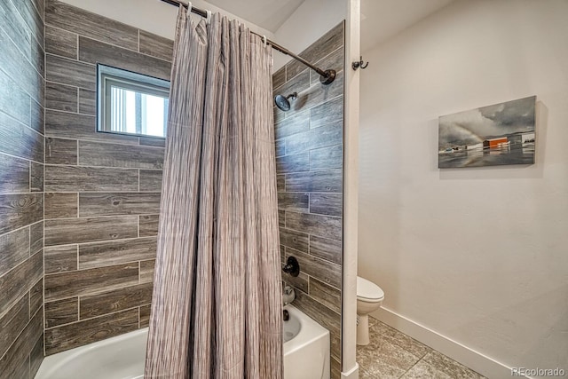 bathroom with shower / bath combination with curtain, toilet, and tile patterned flooring