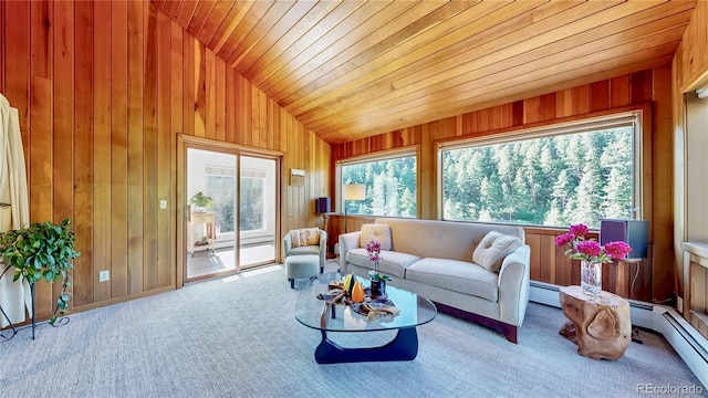 2602 Hidden Valley Rd, Sedalia, CO 80135 - carpeted living room featuring lofted ceiling, wood walls, wooden ceiling, and a baseboard heating unit