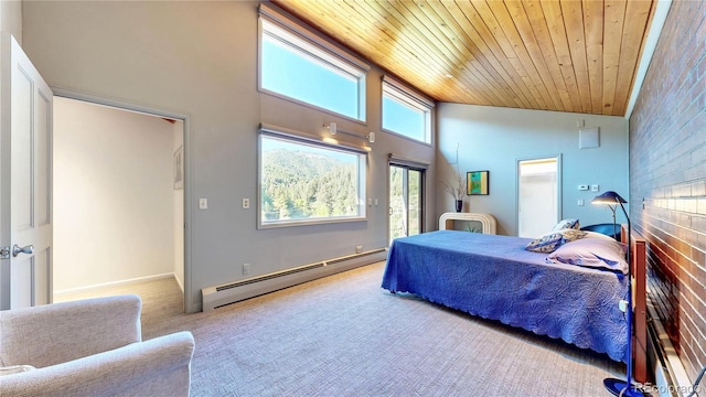 2602 Hidden Valley Rd, Sedalia, CO 80135 - carpeted bedroom with baseboard heating, wood ceiling, access to outside, and high vaulted ceiling