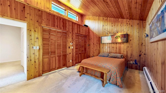 2602 Hidden Valley Rd, Sedalia, CO 80135 - bedroom featuring a baseboard radiator, carpet, wooden walls, and wooden ceiling