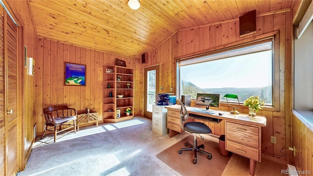 2602 Hidden Valley Rd, Sedalia, CO 80135 - home office featuring wood walls, lofted ceiling, carpet floors, and wooden ceiling