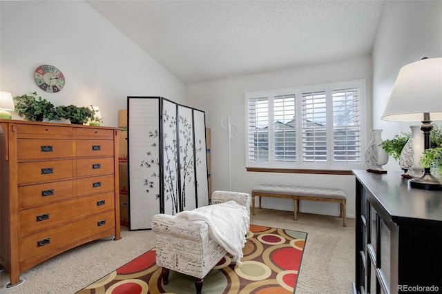 living area with a textured ceiling, light colored carpet, and lofted ceiling