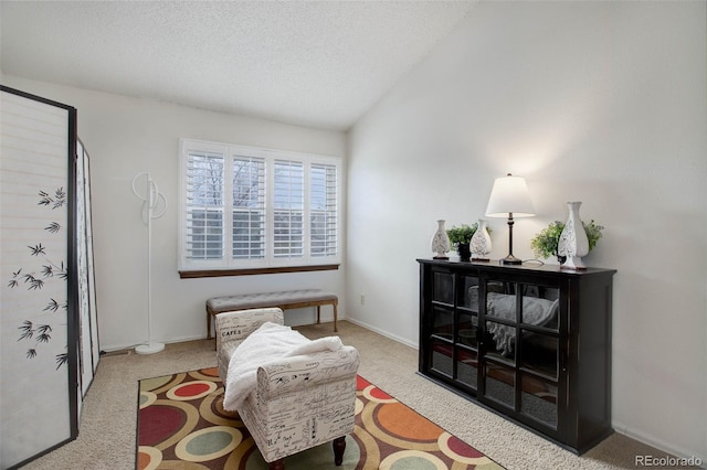 sitting room with a textured ceiling, light carpet, and vaulted ceiling