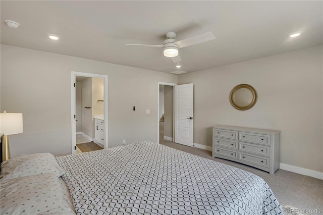 9836 Banner Peak St, Littleton, CO 80125 - bedroom with baseboards, carpet flooring, ensuite bath, recessed lighting, and a ceiling fan