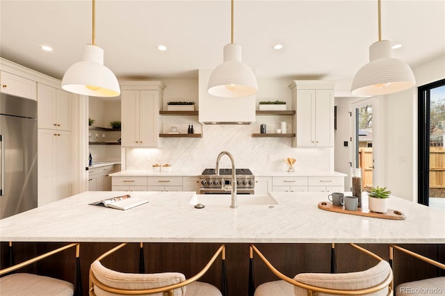 2610 N Monroe St, Denver, CO 80205 - kitchen featuring open shelves, high end appliances, white cabinets, decorative backsplash, and recessed lighting