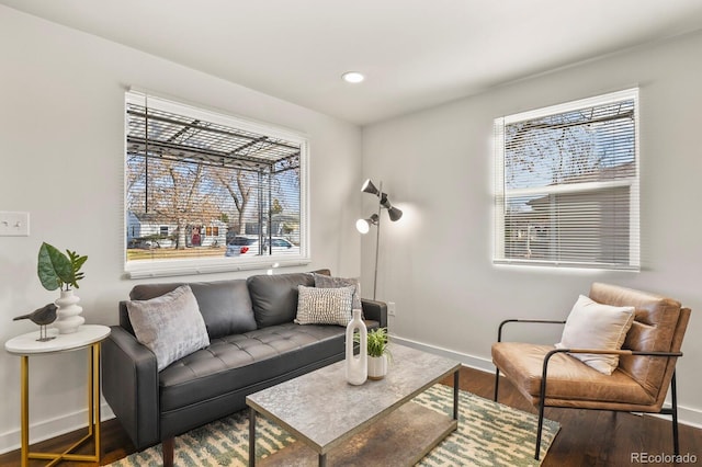 living room with baseboards, wood finished floors, and recessed lighting