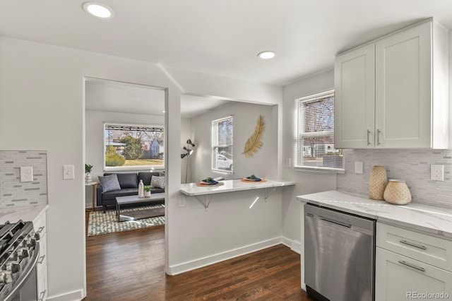 kitchen featuring appliances with stainless steel finishes, a wealth of natural light, dark wood-style flooring, and baseboards