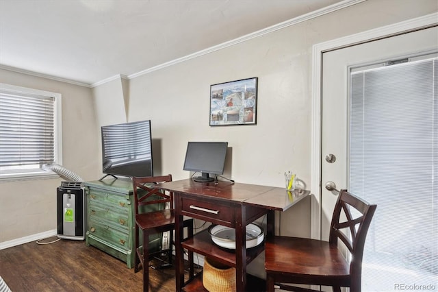 office featuring crown molding and dark hardwood / wood-style floors