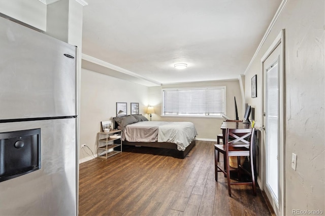 bedroom with crown molding, dark wood-type flooring, and stainless steel fridge with ice dispenser