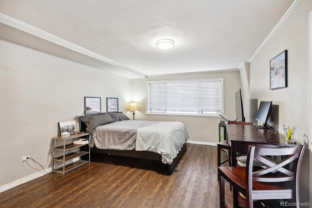 bedroom with dark wood-type flooring and ornamental molding