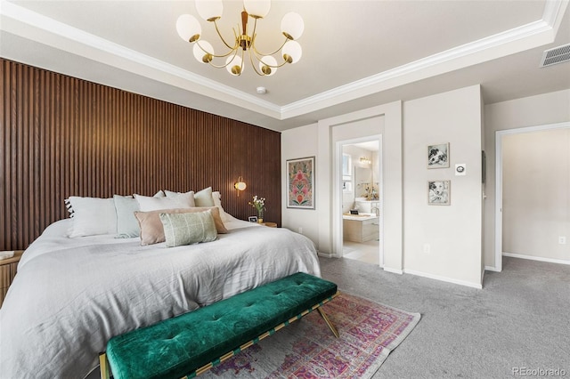 carpeted bedroom with baseboards, visible vents, a chandelier, crown molding, and a raised ceiling