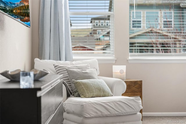 sitting room featuring carpet flooring and baseboards