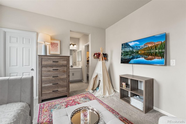 interior space with light carpet and baseboards