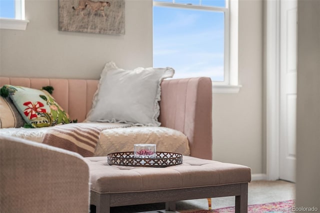 living area with baseboards, carpet floors, and plenty of natural light