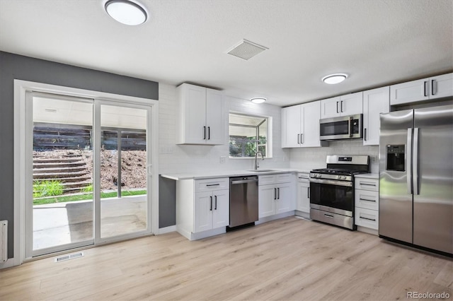 kitchen with light wood-type flooring, white cabinets, appliances with stainless steel finishes, and backsplash