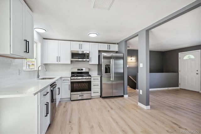 kitchen featuring light hardwood / wood-style flooring, stainless steel appliances, sink, decorative backsplash, and white cabinetry