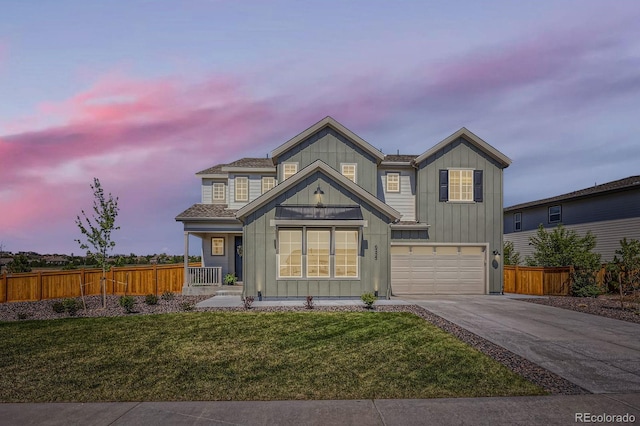 view of front of home featuring board and batten siding, concrete driveway, a garage, and a porch