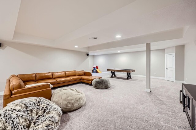 living room with light carpet, baseboards, billiards table, recessed lighting, and a raised ceiling