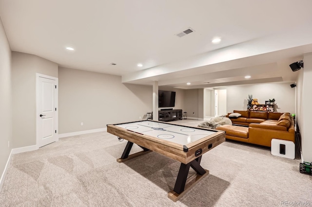 game room featuring light carpet, recessed lighting, and baseboards