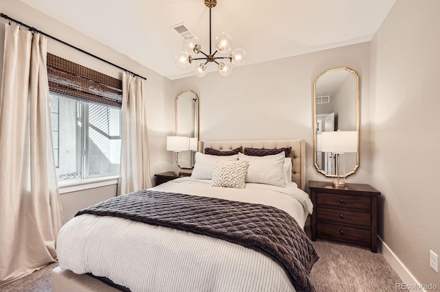 carpeted bedroom with baseboards, a chandelier, and arched walkways