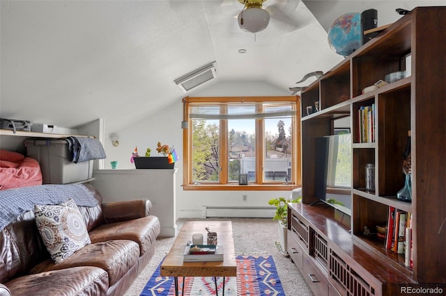 2087 S Grant St, Denver, CO 80210 - living area with ceiling fan, visible vents, vaulted ceiling, carpet floors, and a baseboard radiator