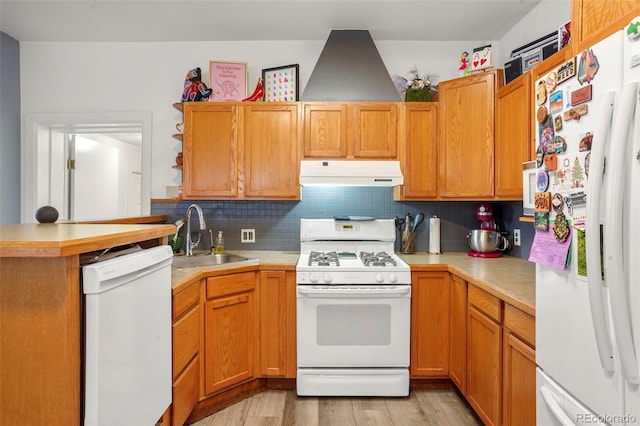 2087 S Grant St, Denver, CO 80210 - kitchen featuring a sink, light countertops, white appliances, and under cabinet range hood
