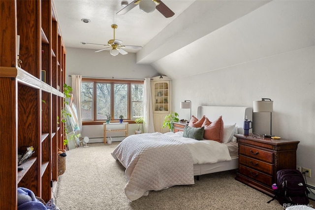 2087 S Grant St, Denver, CO 80210 - bedroom featuring baseboard heating, light colored carpet, ceiling fan, and lofted ceiling