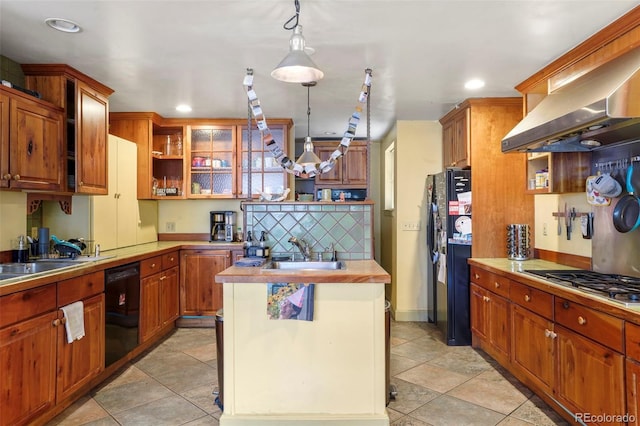 2087 S Grant St, Denver, CO 80210 - kitchen featuring open shelves, exhaust hood, a sink, black appliances, and recessed lighting