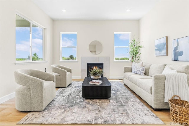 5970 S Platte Canyon Dr, Littleton, CO 80123 - living room featuring wood finished floors, a fireplace, baseboards, and recessed lighting