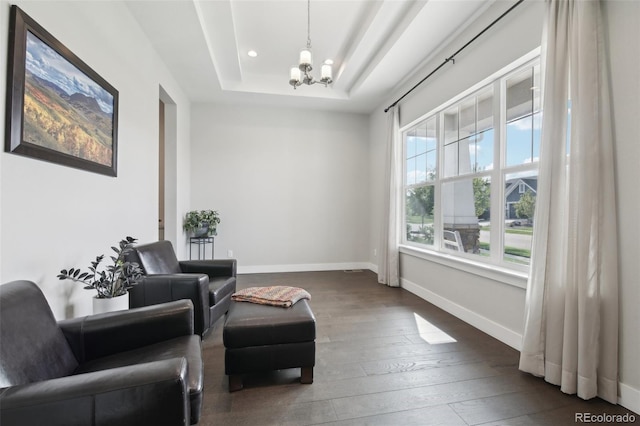 8803 Antero Ct, Arvada, CO 80007 - living area with a raised ceiling, a chandelier, wood-type flooring, baseboards, and recessed lighting