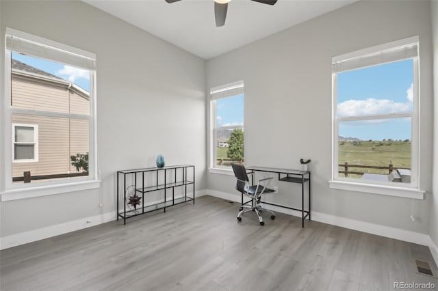 8803 Antero Ct, Arvada, CO 80007 - home office featuring wood finished floors, a ceiling fan, and baseboards