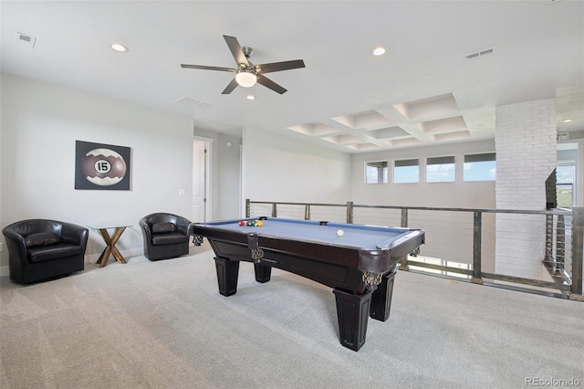 8803 Antero Ct, Arvada, CO 80007 - playroom featuring ceiling fan, recessed lighting, coffered ceiling, carpet flooring, and beam ceiling