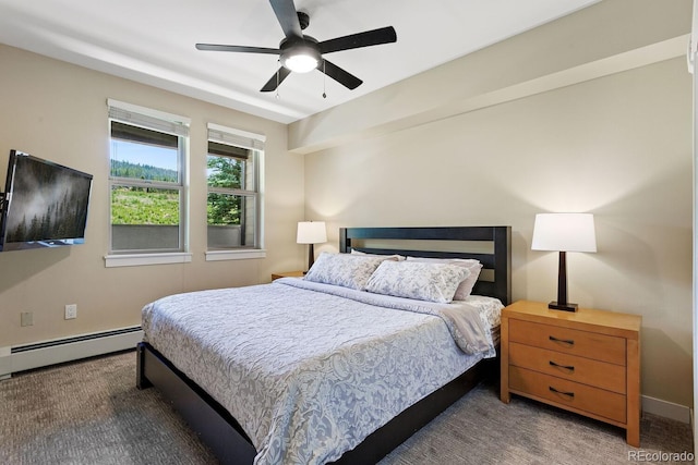 carpeted bedroom featuring ceiling fan and a baseboard radiator