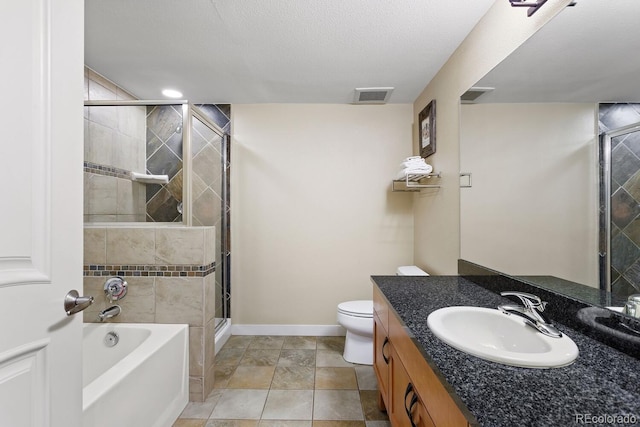 full bathroom with a textured ceiling, vanity, toilet, and shower with separate bathtub