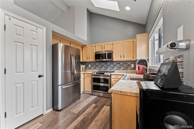 12119 Forest St, Thornton, CO 80241 - kitchen featuring stainless steel appliances, a sink, a skylight, tasteful backsplash, and light countertops