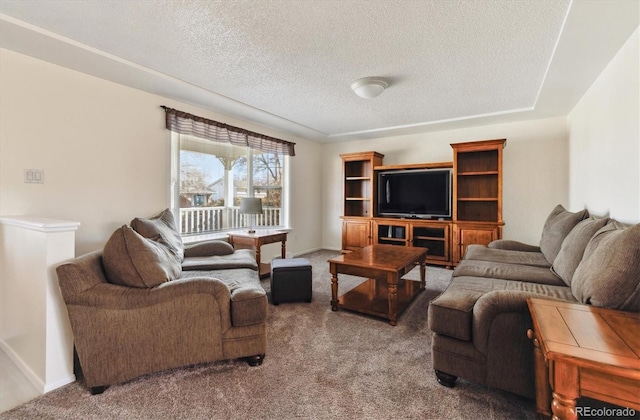 carpeted living room featuring a textured ceiling