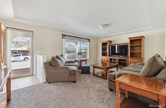 carpeted living room featuring a textured ceiling and a tray ceiling