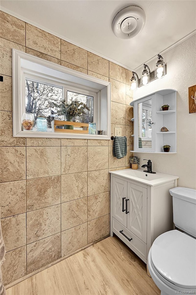 bathroom with vanity, tile walls, toilet, and wood finished floors