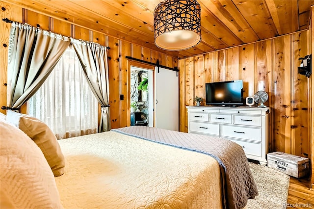 bedroom featuring wood walls, wood ceiling, access to outside, and wood finished floors