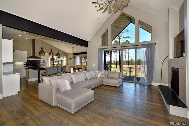 living room with high vaulted ceiling, dark hardwood / wood-style floors, and a healthy amount of sunlight