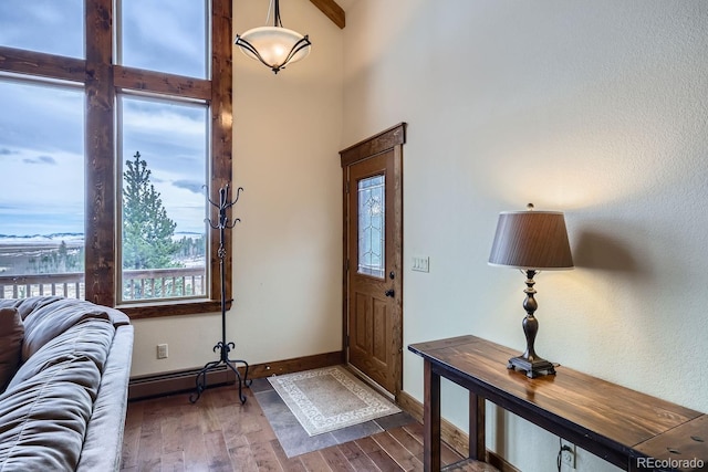 foyer with baseboard heating and hardwood / wood-style floors