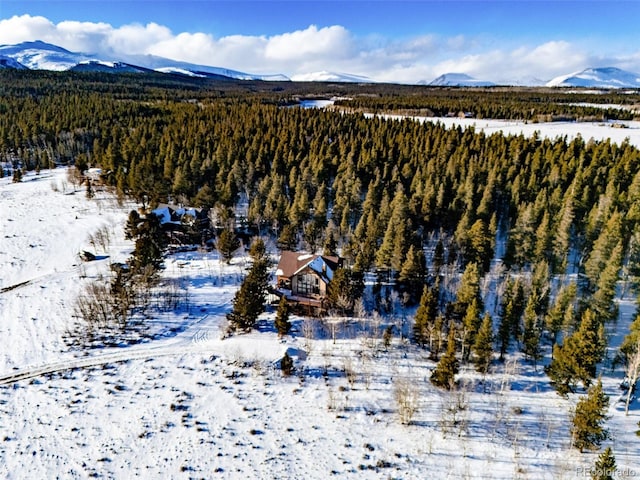 snowy aerial view with a mountain view