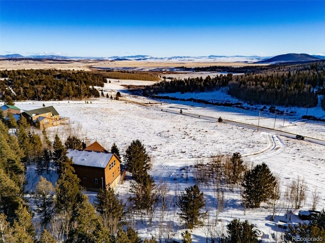 snowy aerial view with a mountain view