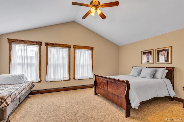 1424 Bluestem Way, Fairplay, CO 80440 - bedroom with a baseboard heating unit, light carpet, vaulted ceiling, and a ceiling fan
