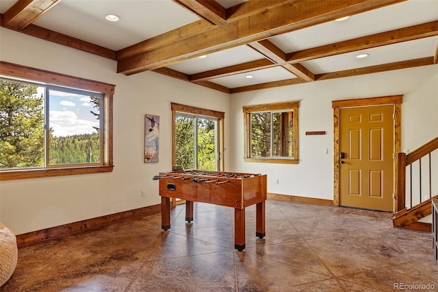 1424 Bluestem Way, Fairplay, CO 80440 - recreation room featuring beamed ceiling and recessed lighting