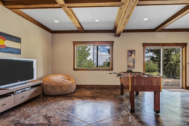 1424 Bluestem Way, Fairplay, CO 80440 - rec room with beam ceiling, recessed lighting, and coffered ceiling