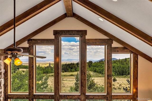 1424 Bluestem Way, Fairplay, CO 80440 - detailed view of beamed ceiling, ceiling fan, and recessed lighting