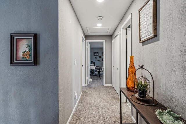 hall featuring attic access, carpet, a textured wall, and baseboards